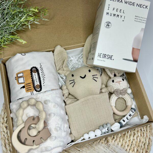 Munkagépes Baby box-Ultra széles nyakú szilikon cumigüveggel, bézs nyuszival